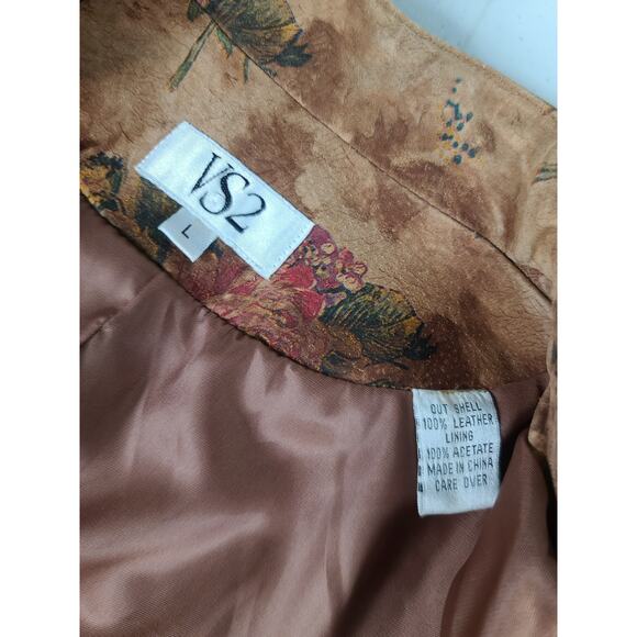 VS2 Brown Red Green Floral Leather Snap Button Jacket Coat Lined MINT Large - Picture 4 of 5
